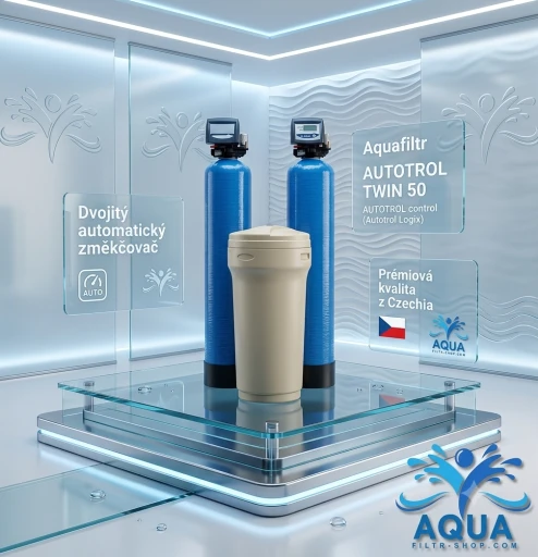 Aquafiltr AUTOTROL TWIN 50 – dvojitý automatický změkčovač vody pro nepřetržitou dodávku měkké vody, přímé pití a vaření po filtraci